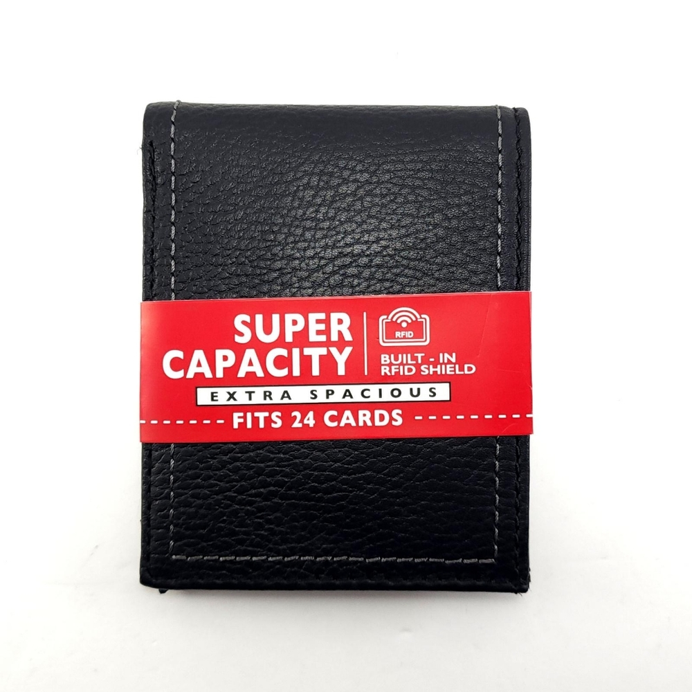 Super Capacity Jumbo Billfold Men's Black Leather Wallet RFID Fits 24 Ca…